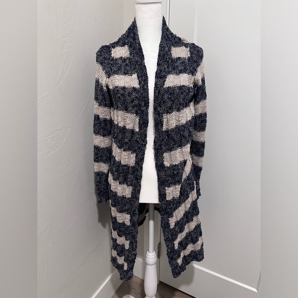 Free People Gray and Blue Striped Linen Blend Long Open Front Cardigan XS - Picture 2 of 6